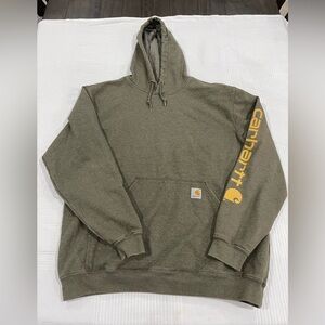Carhartt Men's Green Hoodie with Yellow Sleeve Logo